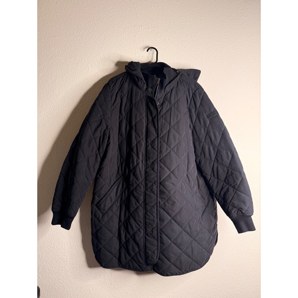 DKNY Quilted Puffer Jacket Womens XXL Black Hooded Mid Length Car Coat Parka